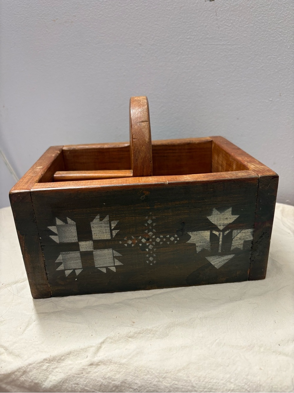 Handmade Wooden Tote Box with Stenciled Folk Motif